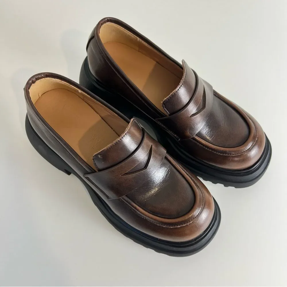 Dwarves Chunky Cowhide Penny Loafers Platform Lug Sole Slip On Preppy‎ Shoes 5